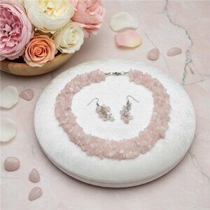 Rose Quartz Chip Necklace and Earrings Set Stainless Steel Lobster Clasp